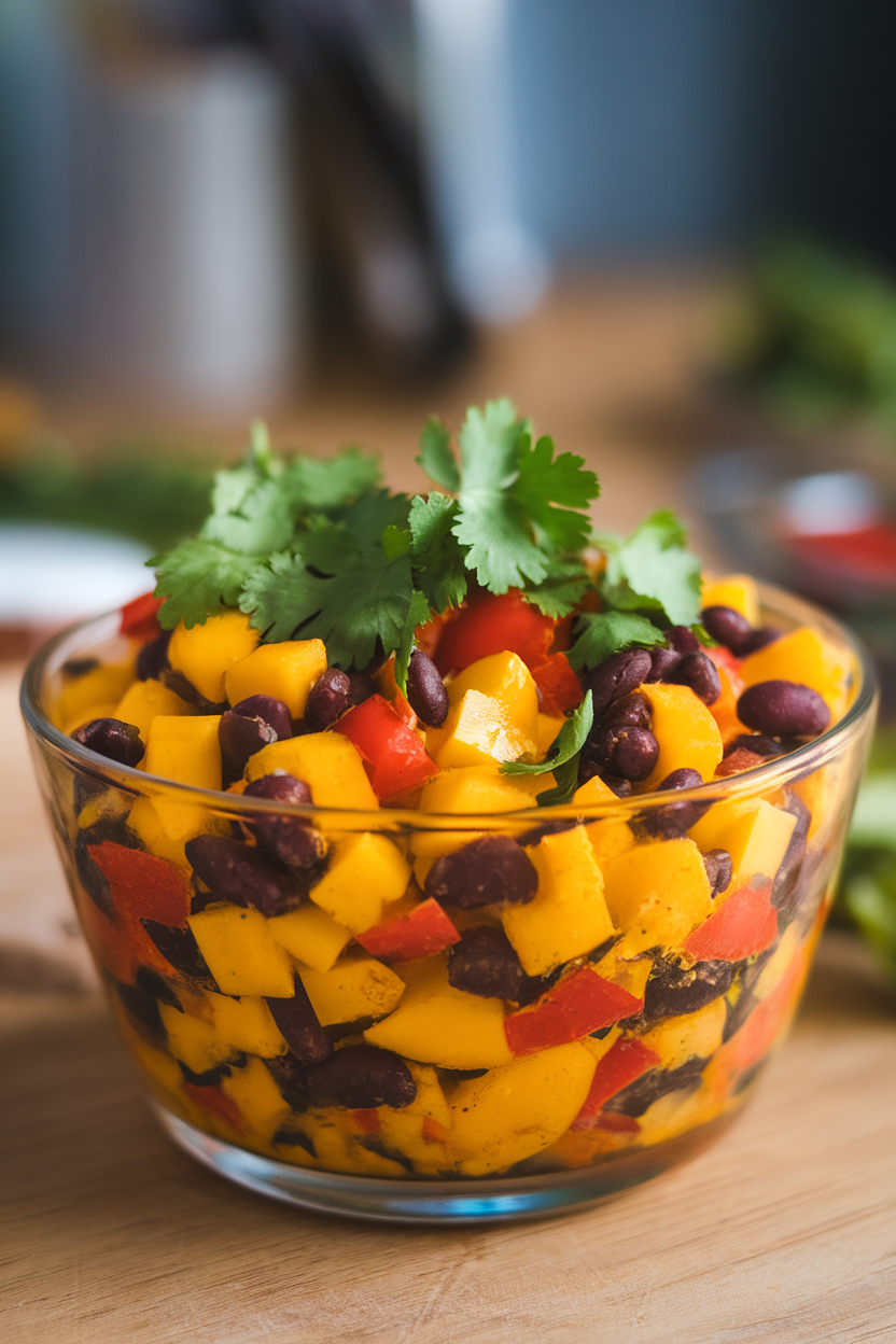 Indoor photo of a colorful salsa with diced mango, black beans, red bell pepper, and cilantro in a glass bowl; no text or logos.