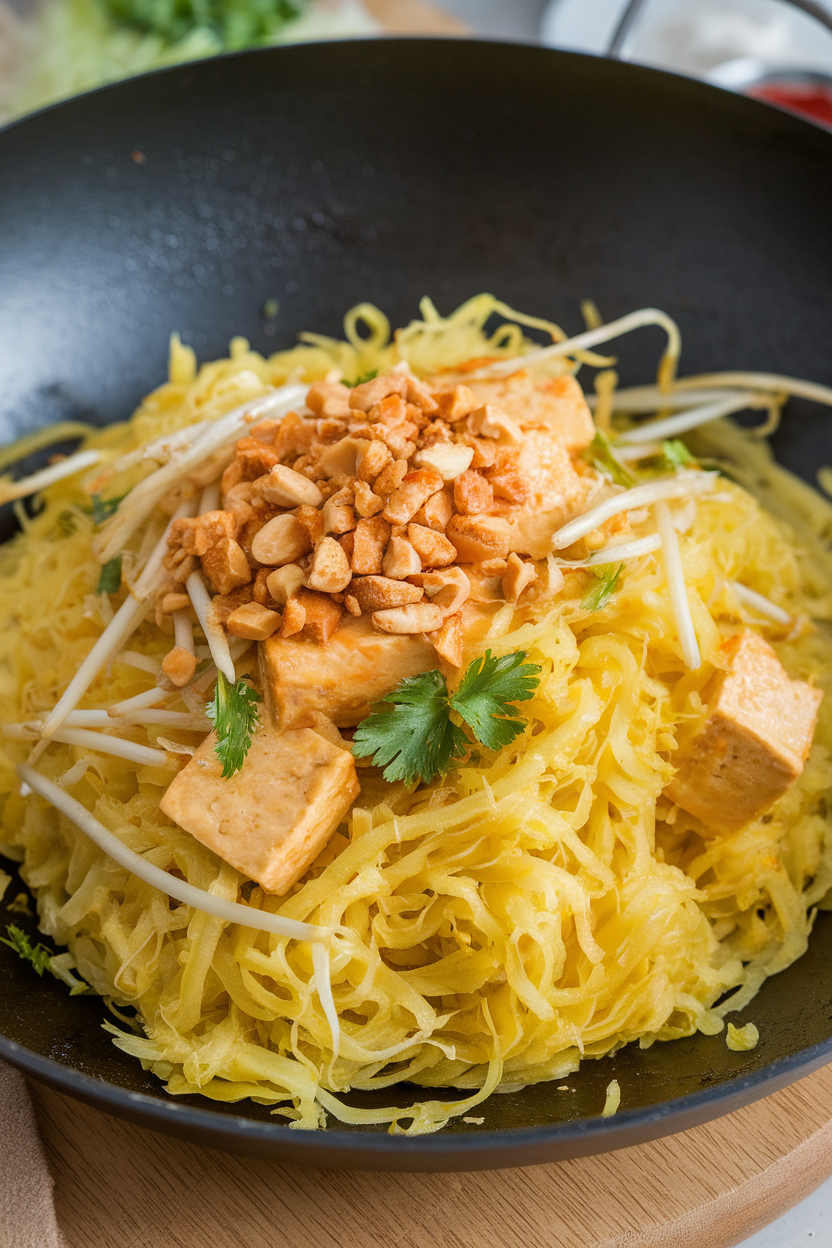 Indoor wok scene featuring spaghetti-squash strands tossed with tofu, bean sprouts, and crushed peanuts in a light tamarind sauce. No logos or text; photo.