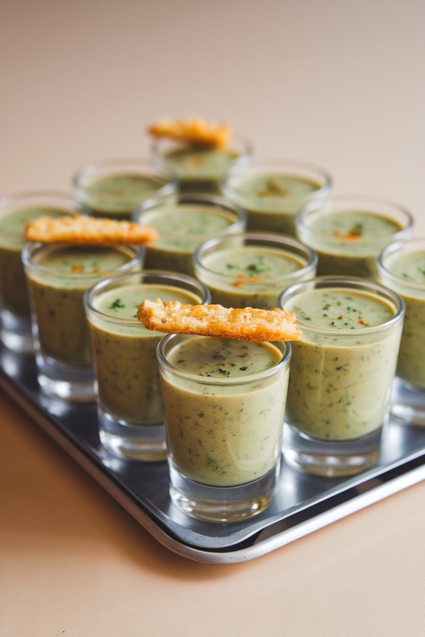 A row of small glass shooter cups filled with silky broccoli cheddar soup, each topped with a tiny crouton, on an indoor tray. No text or logos visible.