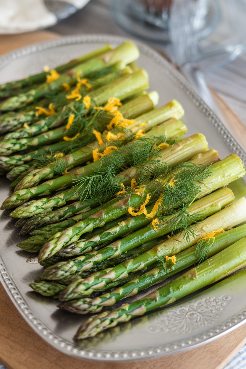 Indoor photo of bright green asparagus spears roasted and sprinkled with chopped dill and lemon zest on a platter. No text or logos.