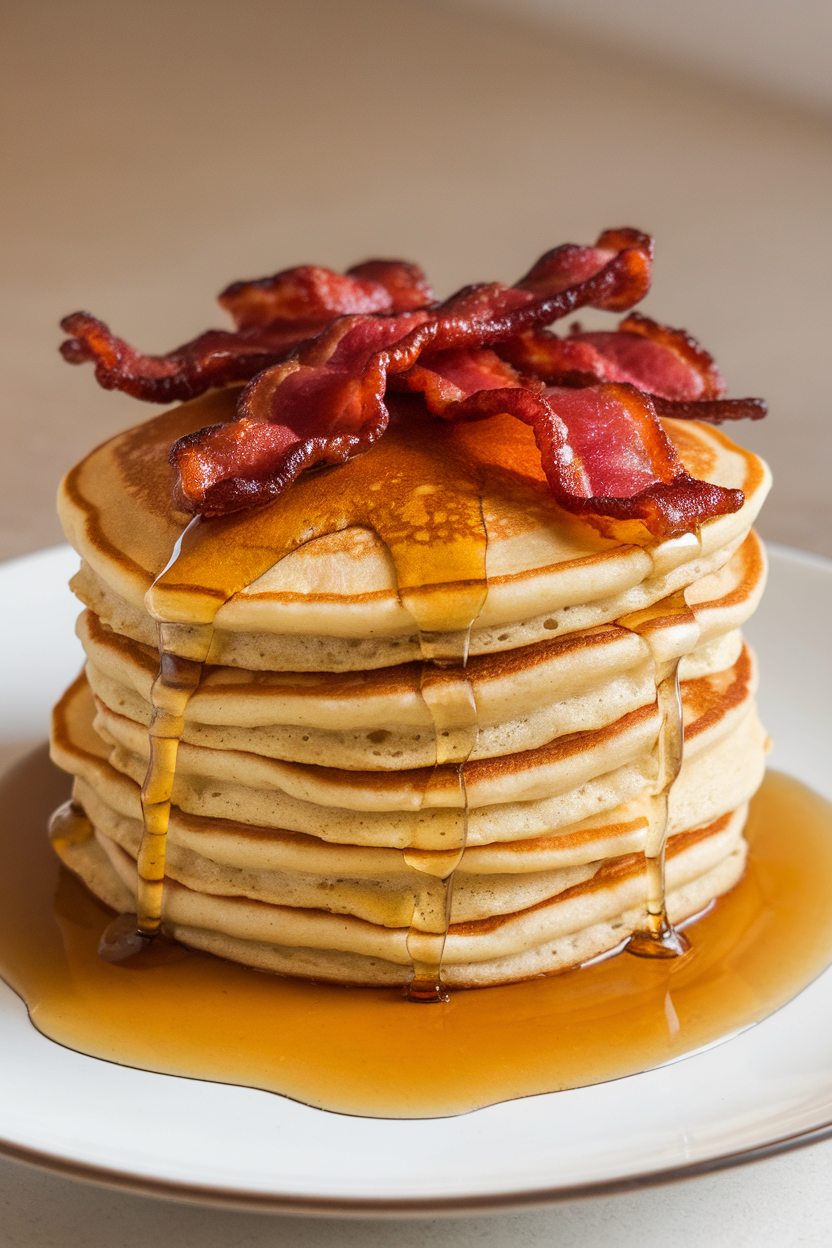 Indoor photo of pancakes with crispy bacon pieces visible, topped with browned butter maple syrup; no text or logos.