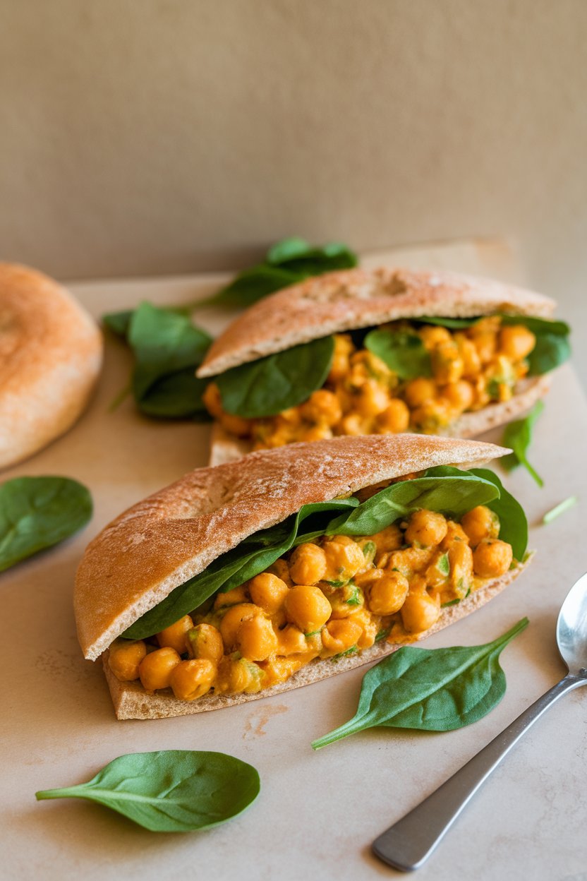 An indoor table with whole-grain pita halves stuffed with curried chickpea salad and baby spinach leaves. No text or logos; photo only.