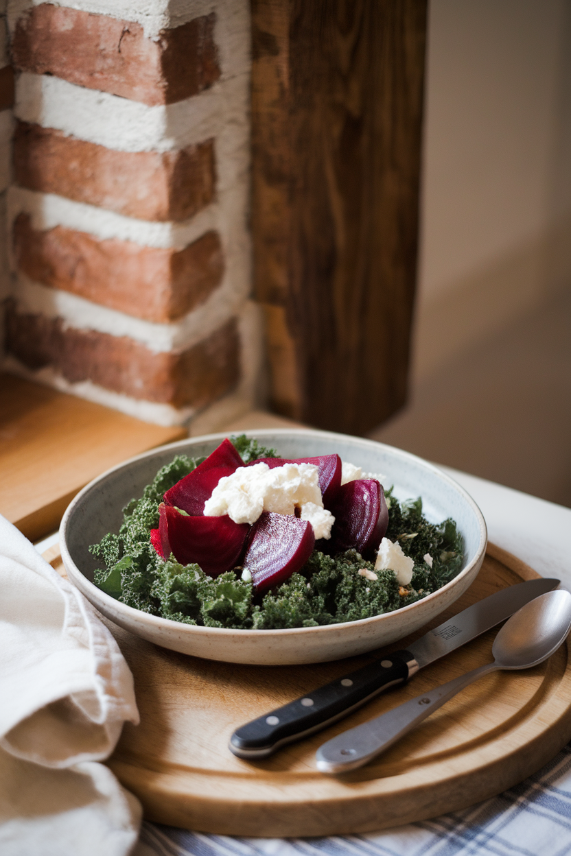 Indoor photo of massaged kale topped with ruby beet wedges and goat cheese, no text or logos.