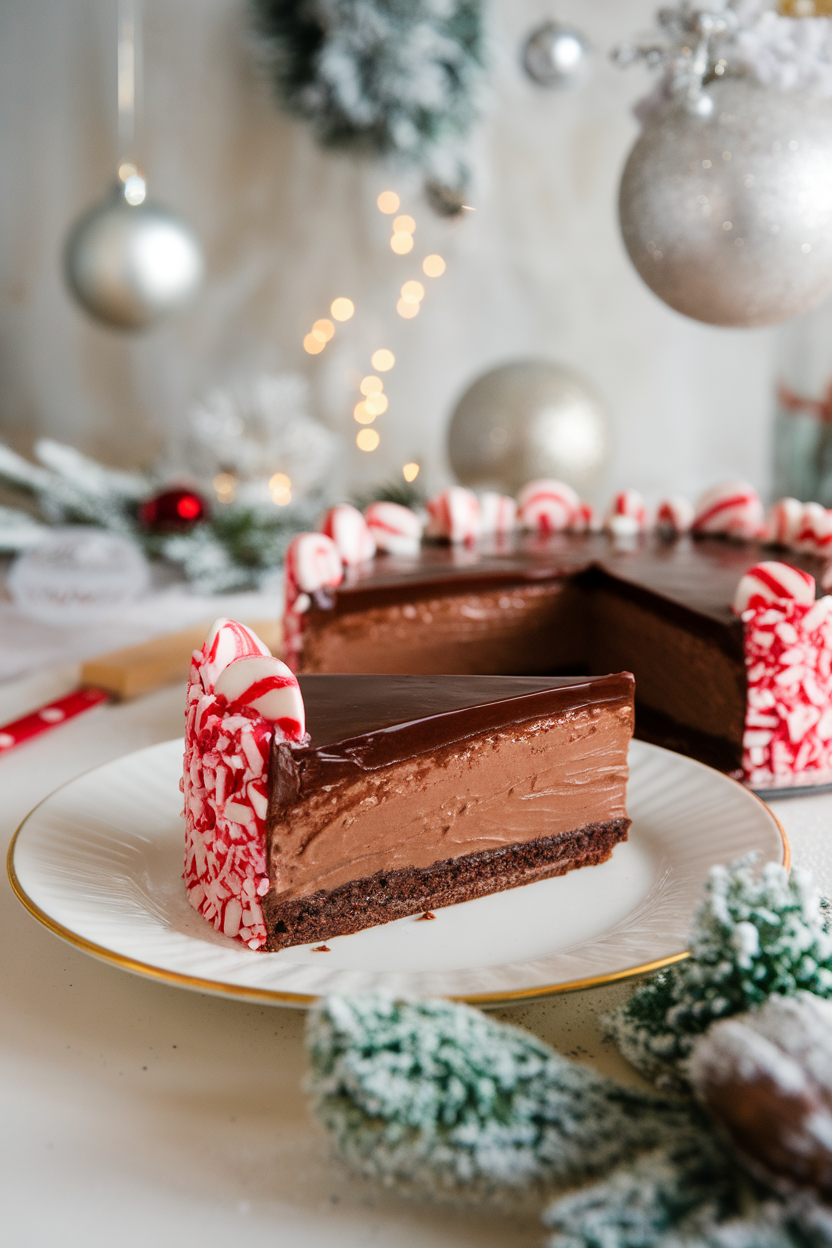 An indoor winter party plate featuring a dense chocolate torte slice with shiny ganache and crushed peppermint candy edge. No text or logos. Photo, not illustration.