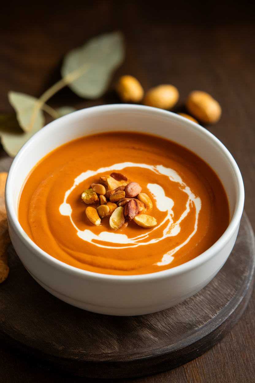 Indoor photo of velvety orange soup in a white bowl, garnished with a swirl of cream and roasted pepitas; no text or logos