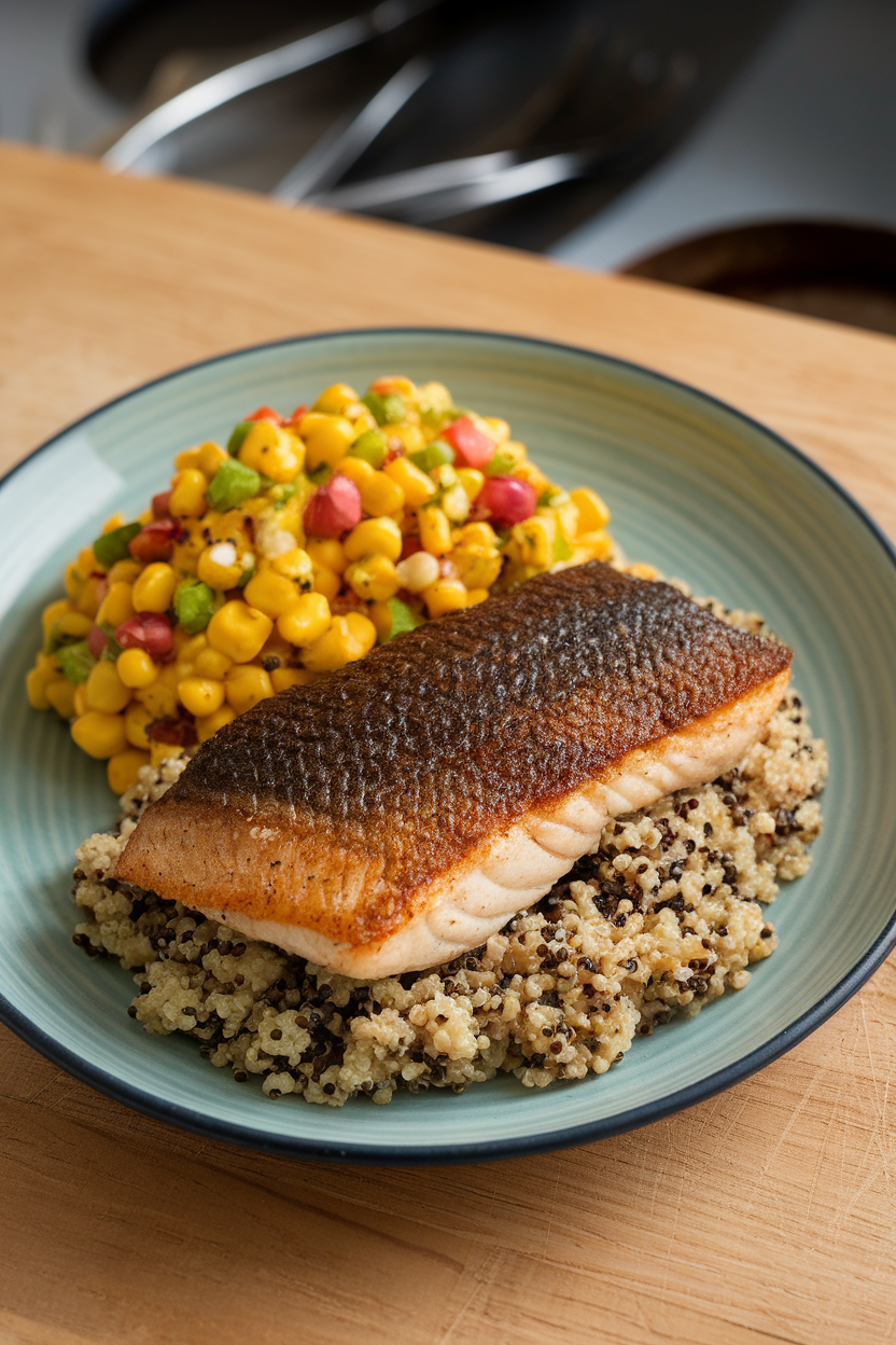 Indoor photo of blackened tilapia fillet, quinoa pilaf, and colorful corn succotash on a round plate. No text or logos.