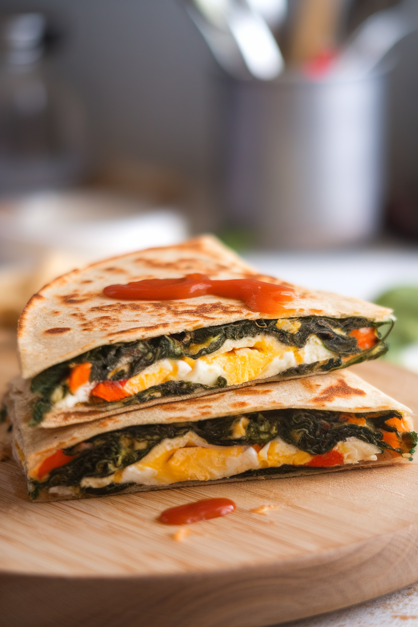 Indoor griddle photo of a whole-grain quesadilla filled with spinach, egg, and bell peppers, cut into wedges, no text or logos.