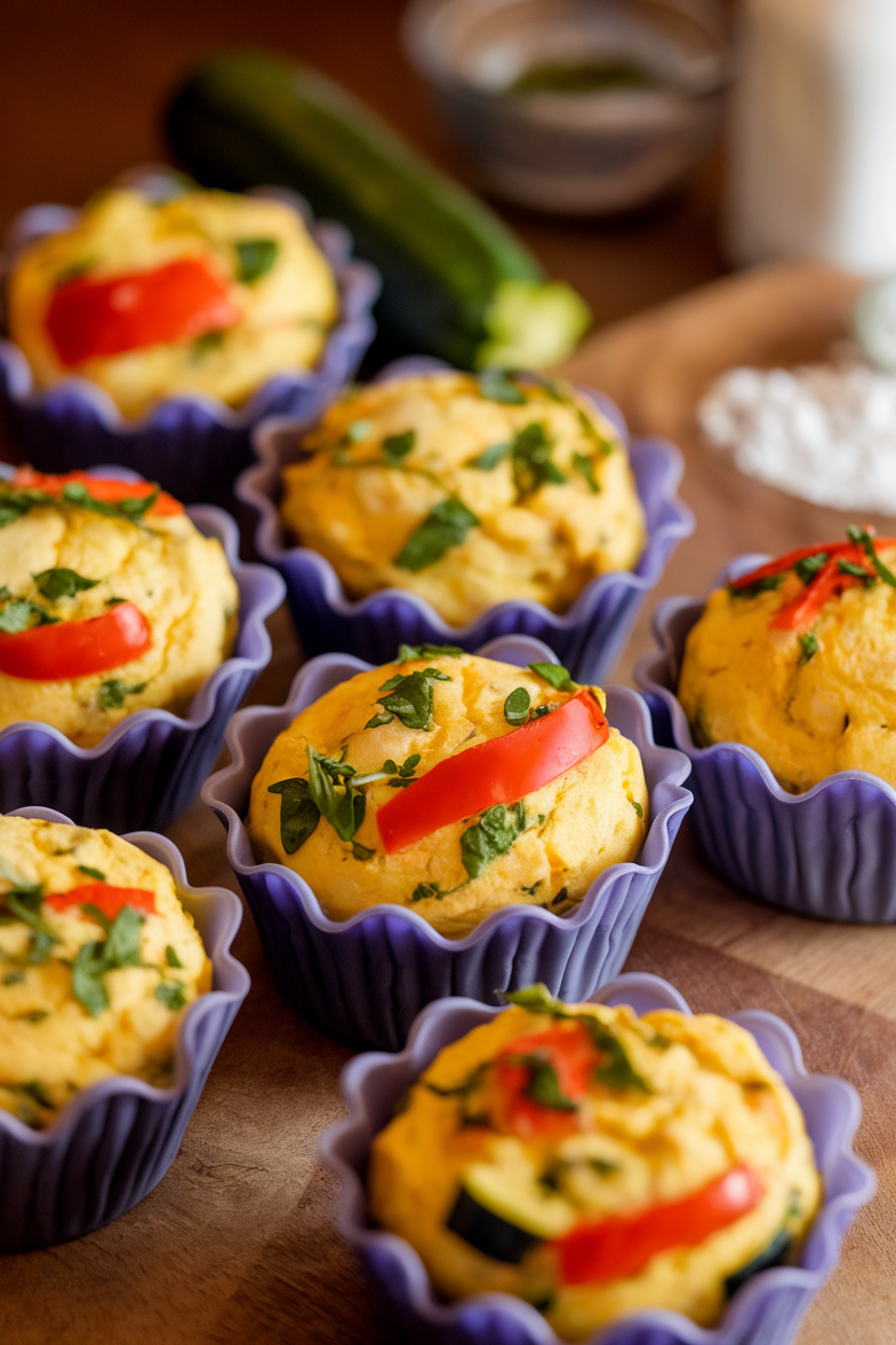 An indoor bakery-style shot of silicone muffin cups holding colorful egg muffins dotted with bell pepper, zucchini, and chopped herbs. No text or logos. Photo.