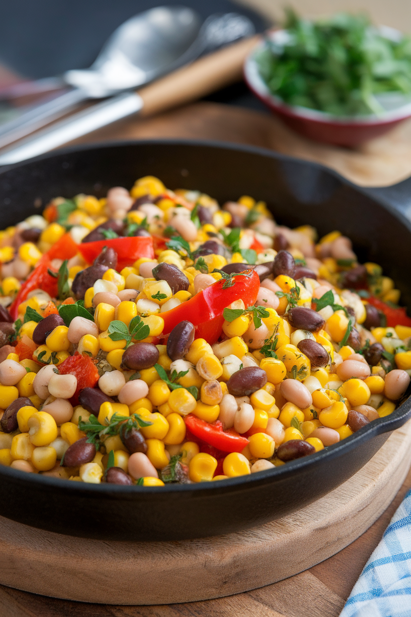 An indoor skillet containing colorful succotash with sweet corn kernels, black-eyed peas, red bell pepper, and herbs. No text or logos.