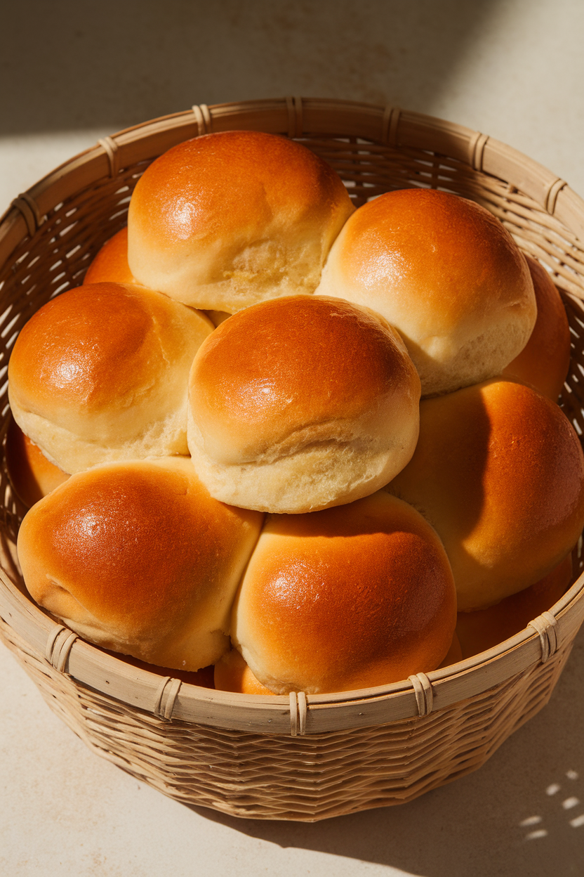 Indoor photo of golden, soft dinner rolls brushed with melted butter, stacked in a basket; no text or logos
