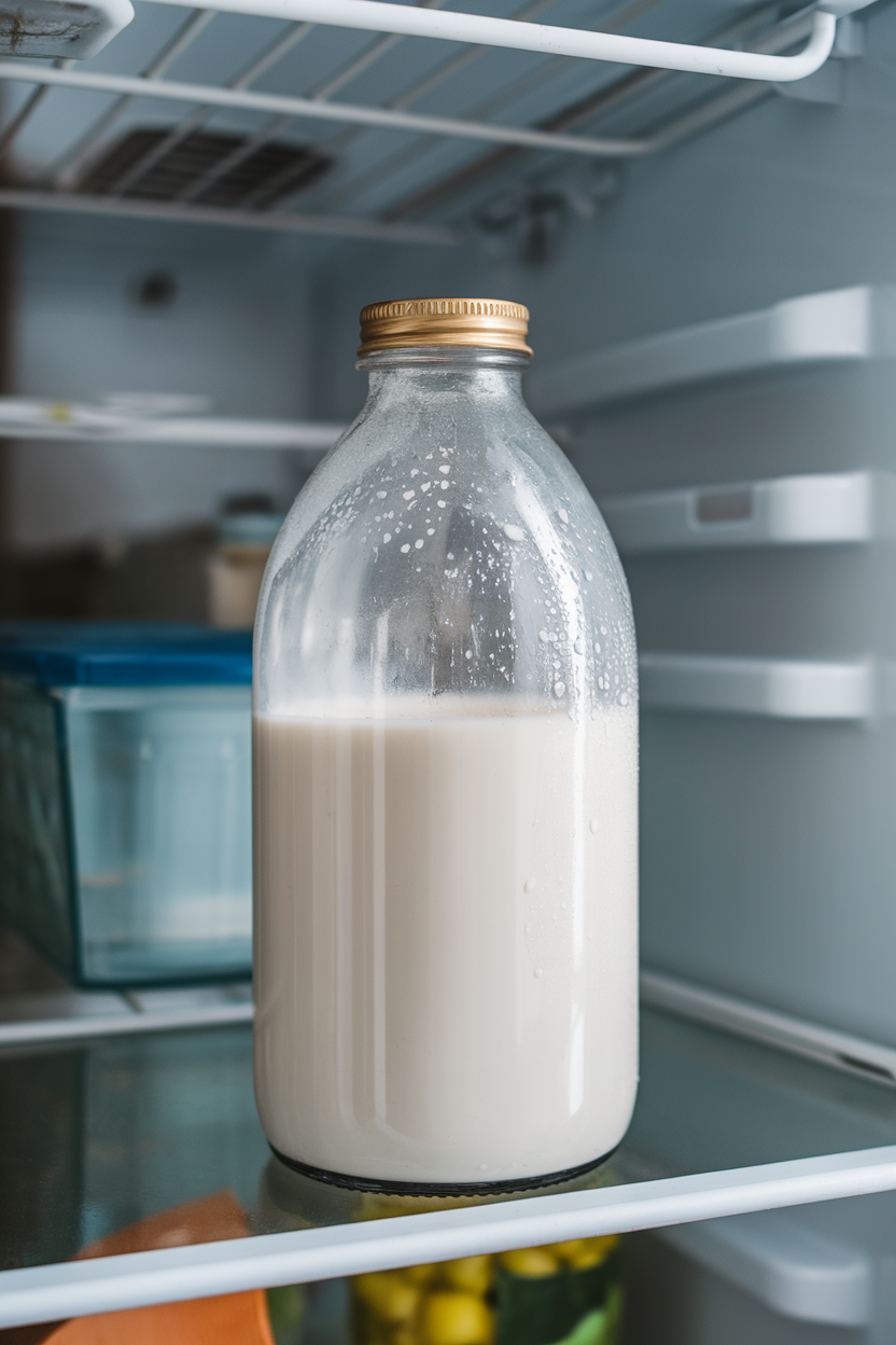 Photo, indoor refrigerator door with an unlabeled glass bottle of almond milk, condensation visible, no logos.