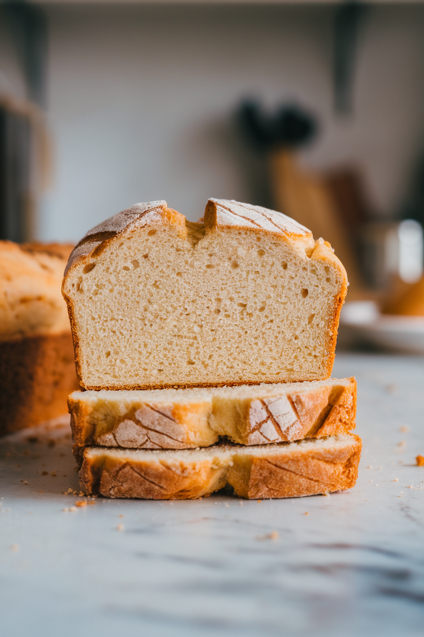 An indoor marble countertop featuring a small loaf of coconut flour bread, slices stacked, showing light texture. No text or logos. Photo only.