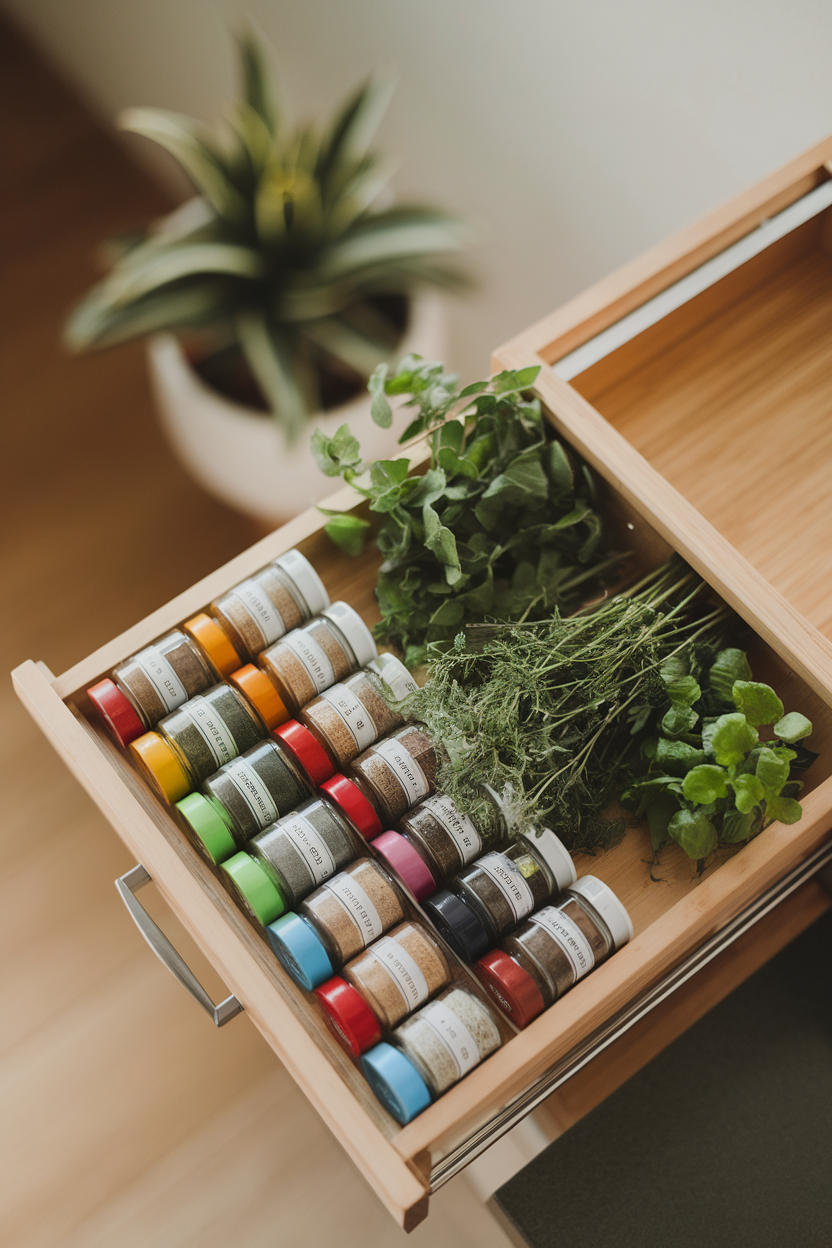 Overhead shot of a wooden spice drawer filled with colorful spice jars and fresh herb sprigs on a countertop, indoors. No text or logos. Photo, not illustration.