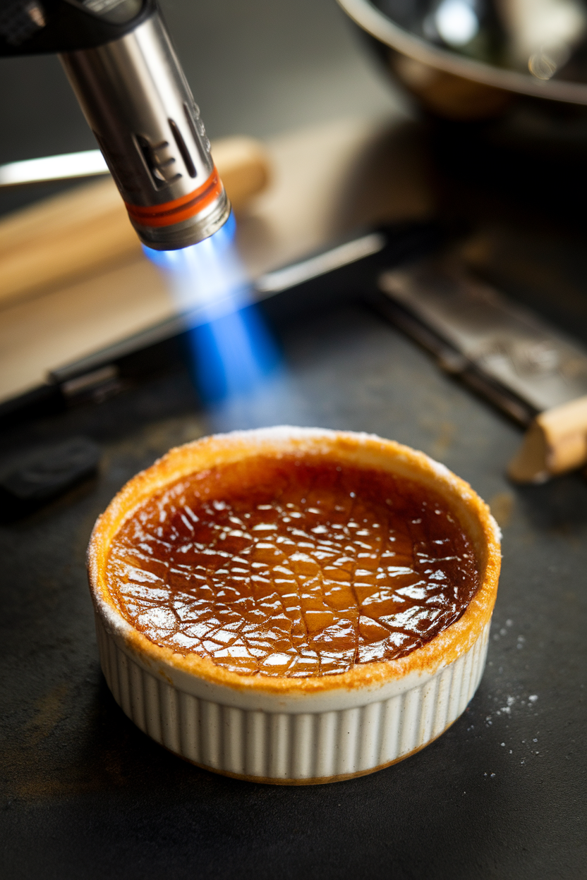 An indoor brûlée torch finishing a ramekin of pear oatmeal custard, sugar crust crackling—no text or logos; photo, not illustration