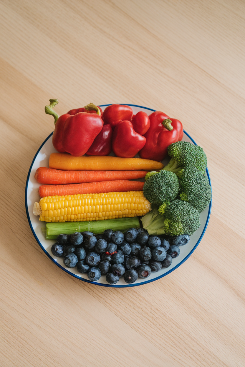 An overhead indoor shot of a dinner plate divided into colorful sections—red bell peppers, orange carrots, yellow corn, green broccoli, blueberries—arranged like a rainbow. No logos or text. Photo.