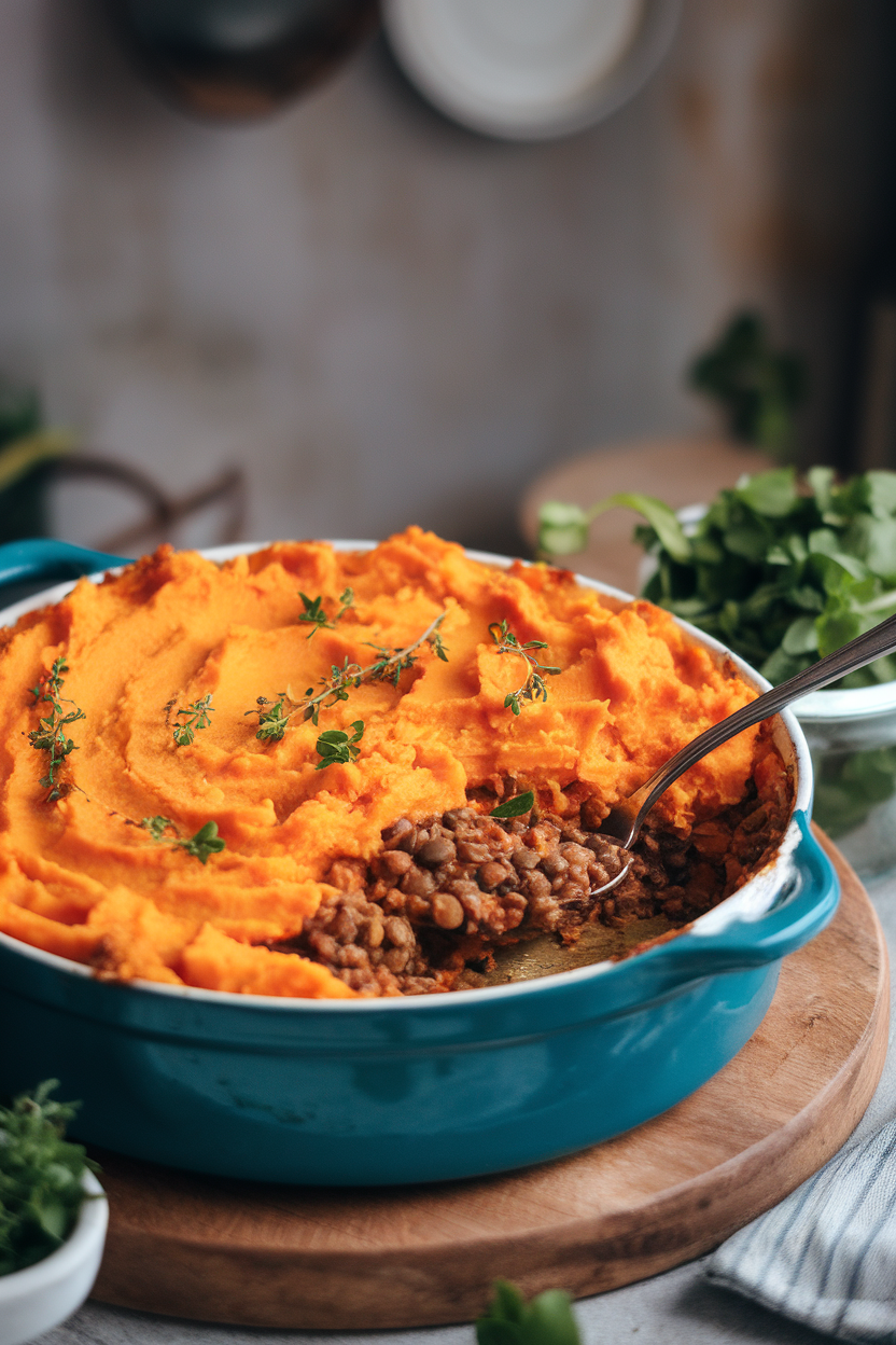 An indoor casserole dish of shepherd’s pie topped with golden mashed sweet potato, a spoonful removed to show lentil veggie filling. No text or logos. Photo only.