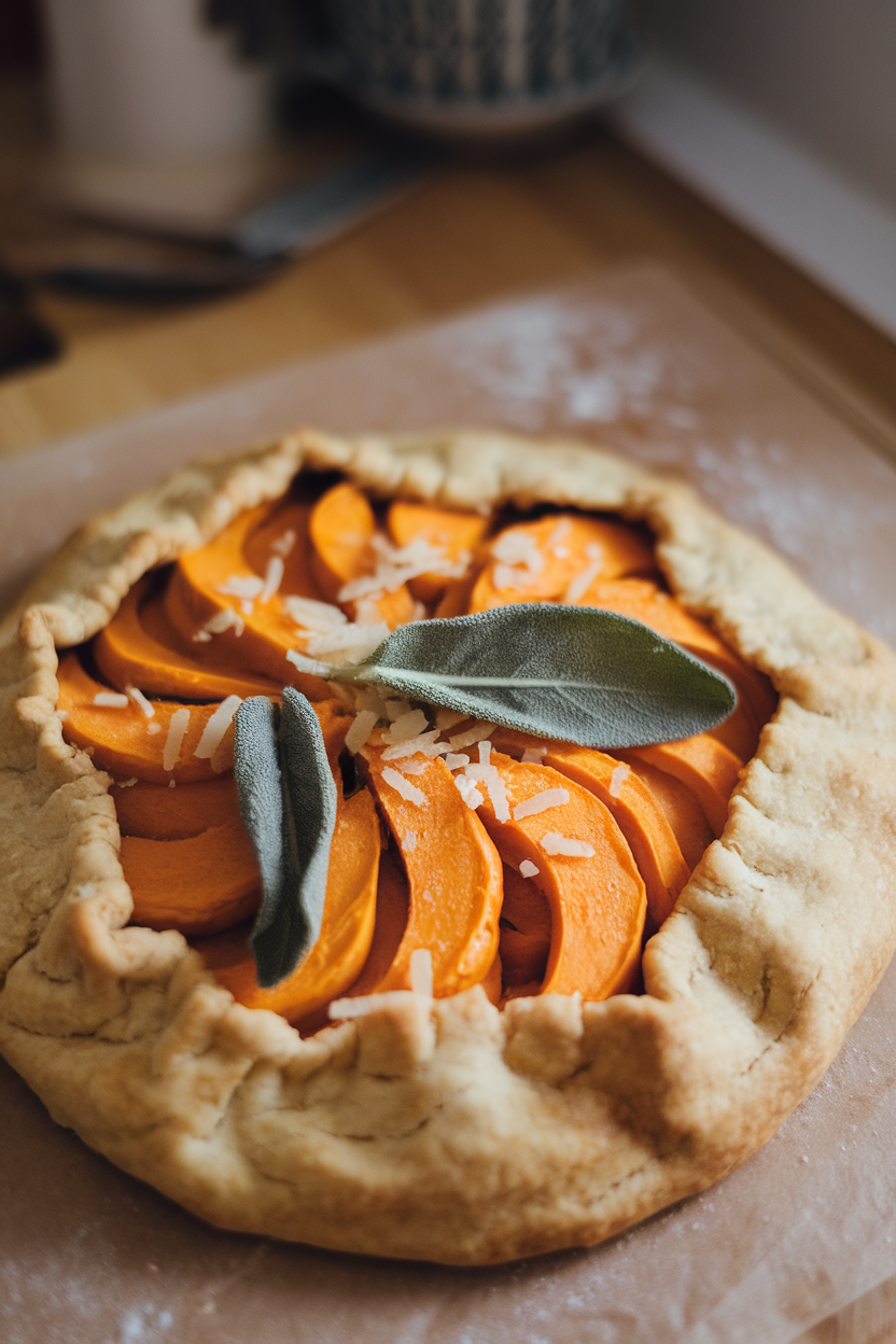 A rustic free-form galette indoors showcasing thin butternut squash slices arranged over flaky pastry, sage leaves visible. No text or logos. Photo.