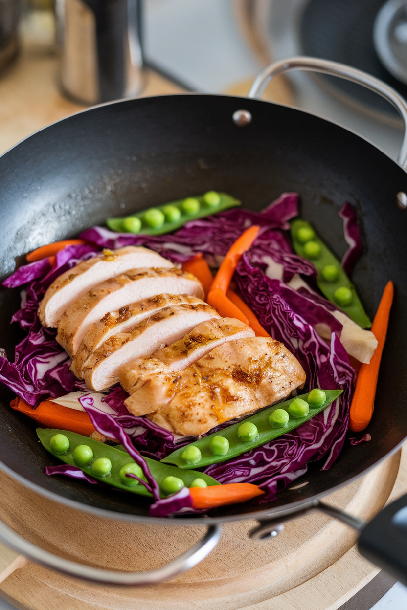 Indoor wok containing sliced chicken breast, red cabbage, snap peas, and carrots in a light ginger sauce. No text or logos anywhere.