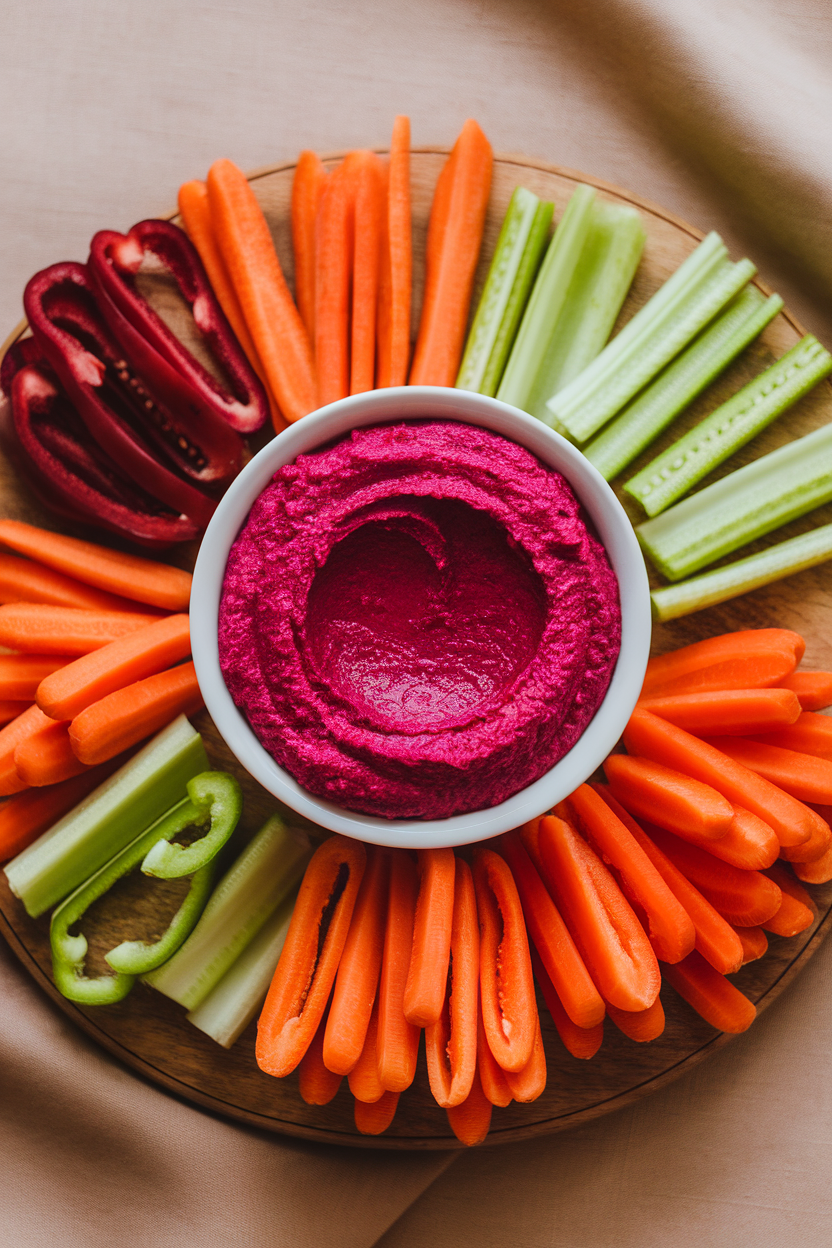 An indoor photo of a white bowl filled with bright magenta beet hummus, surrounded by neatly arranged carrot sticks, celery, and bell-pepper strips on a wooden board. No text or logos anywhere in the frame.