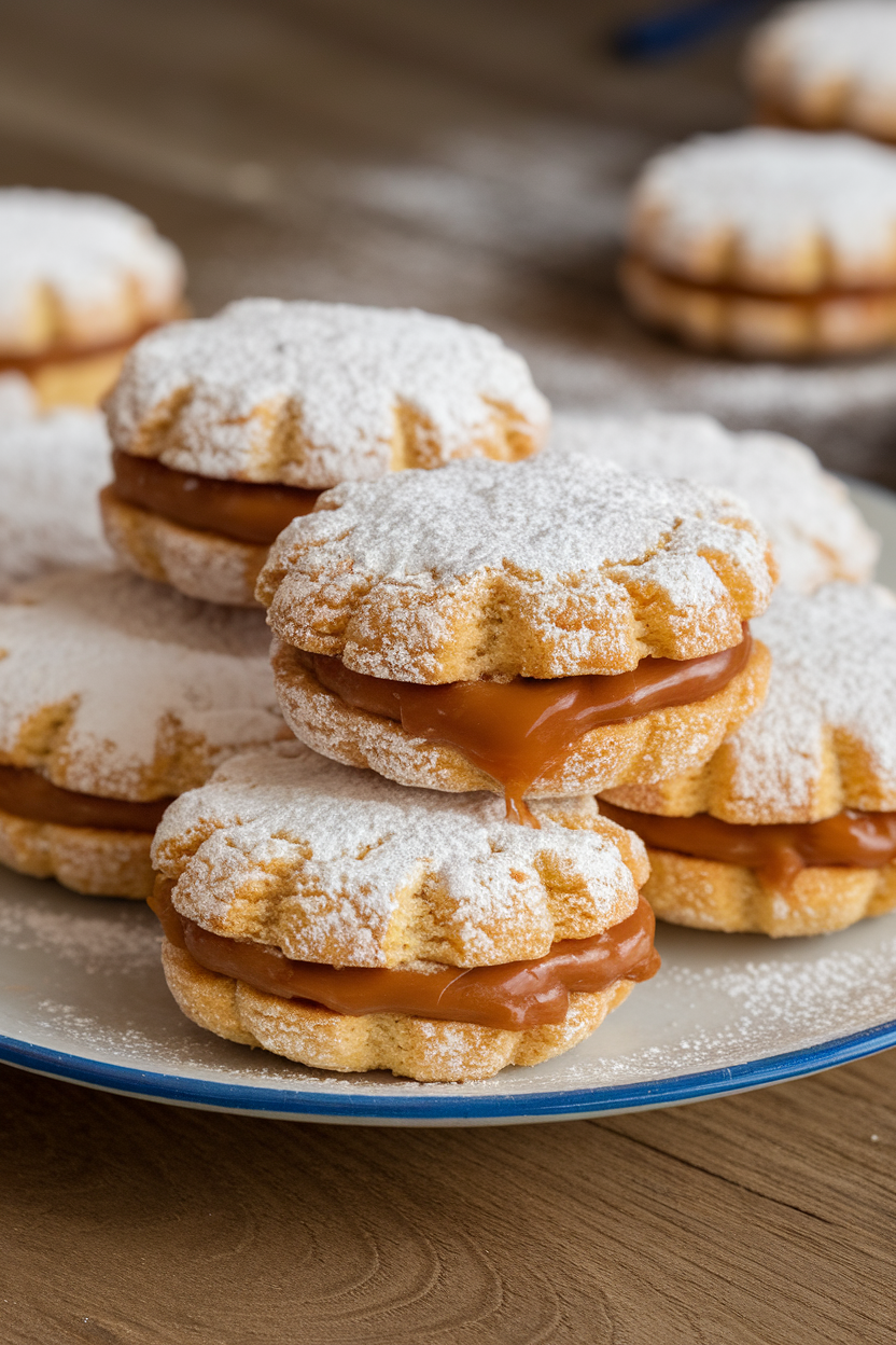 Indoor photo of sandwich cookies dusted with powdered sugar, dulce de leche oozing slightly, stacked on a plate, no text or logos