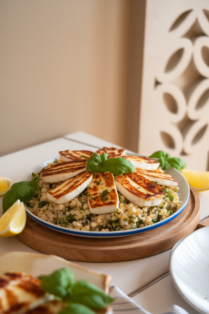 An indoor dining table with a serving plate of bright bulgur tabouli topped with golden seared halloumi slices. No text or logos.