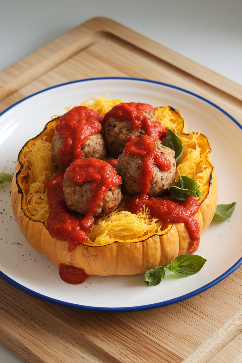 An indoor dinner plate featuring golden strands of roasted spaghetti squash topped with turkey meatballs and marinara sauce, fresh basil sprinkled on top. No logos or text in view.