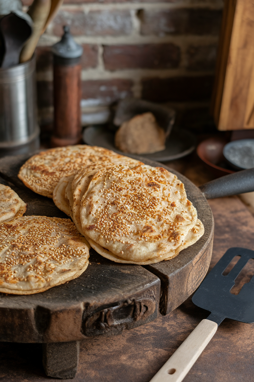 Photo prompt: An indoor griddle with rustic bajra flatbreads sprinkled with sesame seeds, a spatula nearby. No text or logos present.