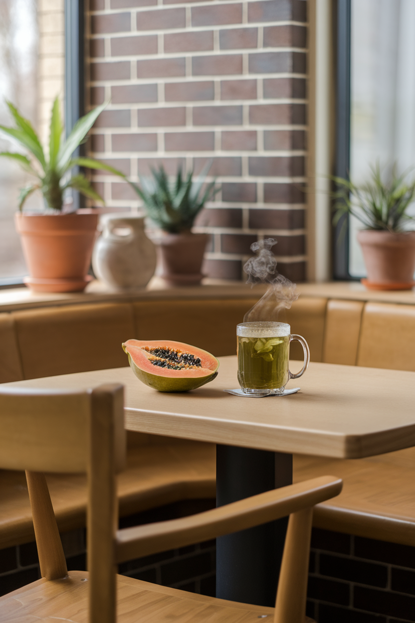 Indoor photo of a serene breakfast nook with a steaming mug of green tea and a small bowl of sliced papaya, no text or logos. Photo.