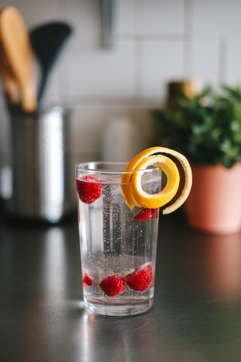 Indoor photo of a clear glass filled with sparkling water and floating berry slices on a kitchen counter, no text or logos