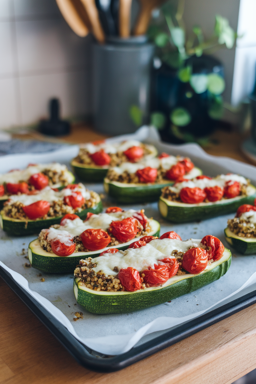 An indoor baking sheet holding zucchini halves stuffed with quinoa, pesto, and roasted cherry tomatoes, cheese lightly melted on top. No text or logos. Photo.