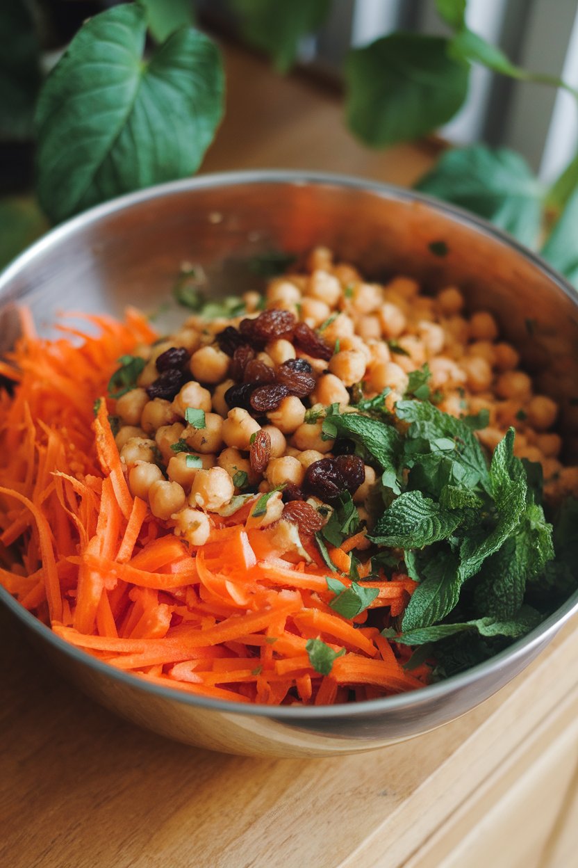 An indoor bowl holding grated carrots, chickpeas, raisins, and chopped mint tossed in cumin citrus dressing. No text or logos; photo only.