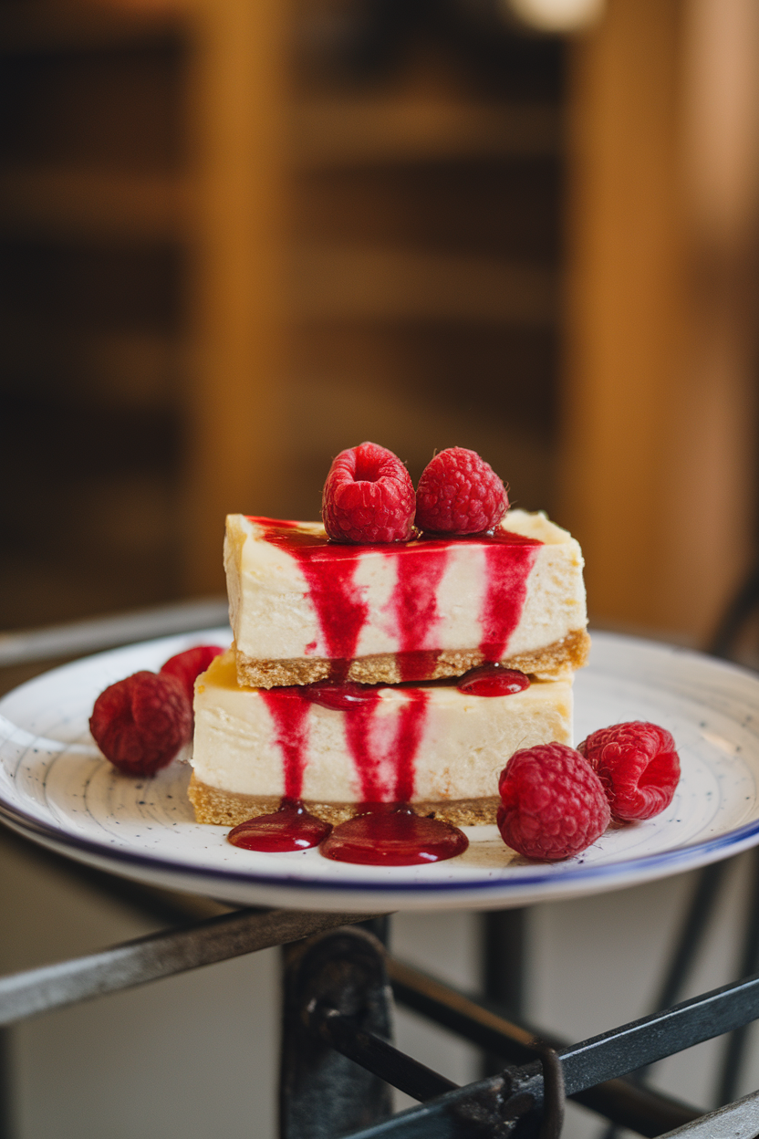 A plate of cheesecake bars with twin raspberry “bite marks” and trickling sauce, indoor setting, no text or logos.