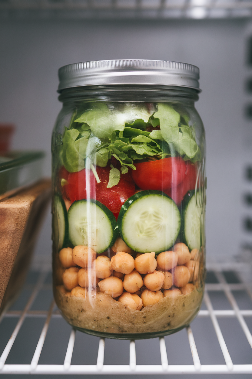 An indoor refrigerator shelf with a layered mason jar salad starting with chickpeas, followed by cucumbers, tomatoes, and leafy greens. Photo, no text or logos.
