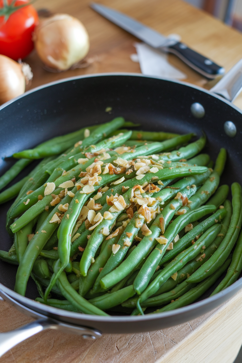 A sauté pan indoors containing vibrant green beans sprinkled with slivered almonds and garlic flecks; no text or logos.