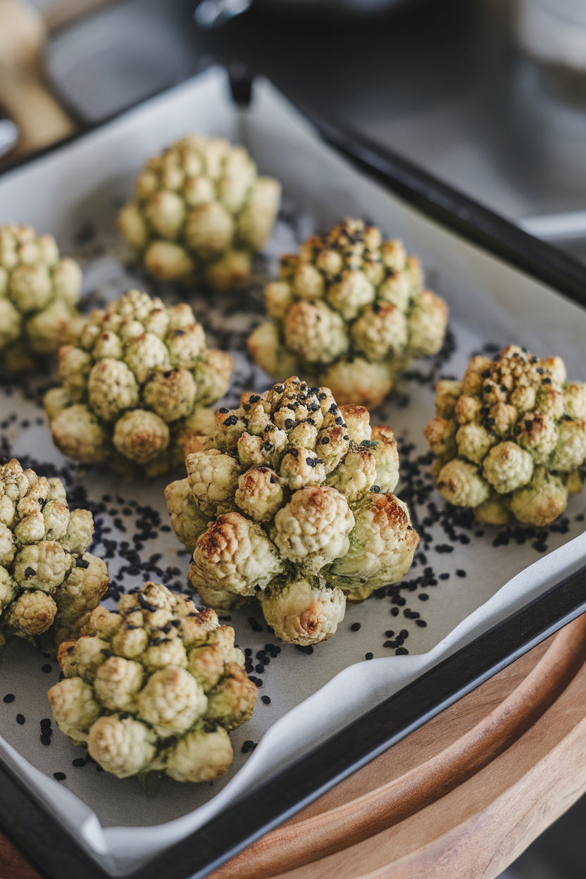 Indoor tray of Romanesco florets roasted until lightly browned, black and white sesame seeds scattered on top. No logos.