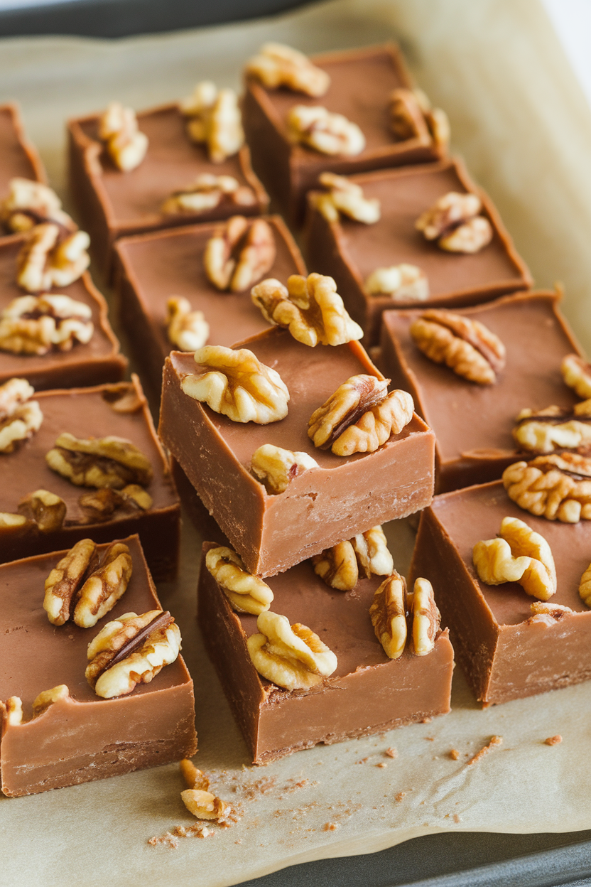 Square pieces of maple fudge with walnut halves pressed on top, arranged indoors on parchment paper. No text or logos.
