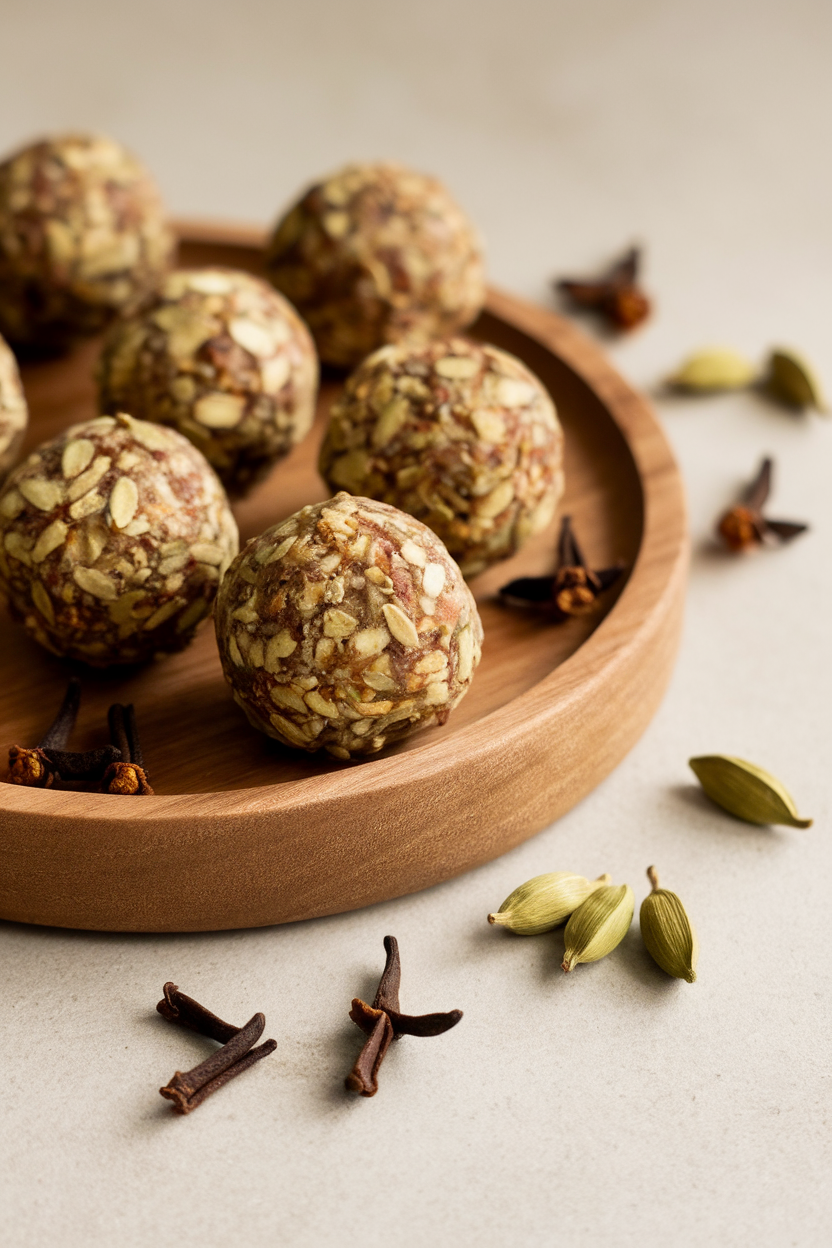 Photo of an indoor wooden tray featuring chai-spiced energy balls, whole cloves and cardamom pods decoratively placed. No text or logos.
