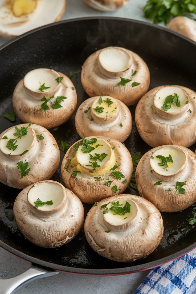 Indoor photo of whole button mushrooms glistening with garlic butter and sprinkled with parsley in a skillet. No text or logos.
