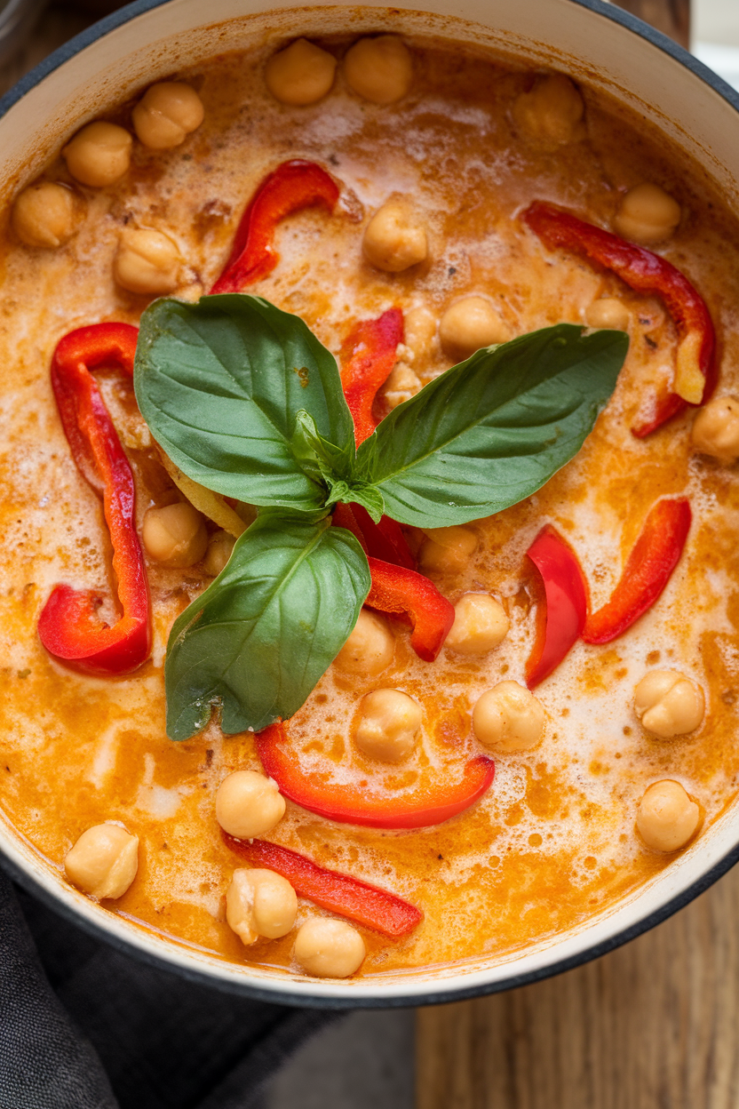 Indoor photo of creamy red chili with coconut milk sheen, chickpeas and red bell peppers visible, topped with Thai basil; no text or logos.