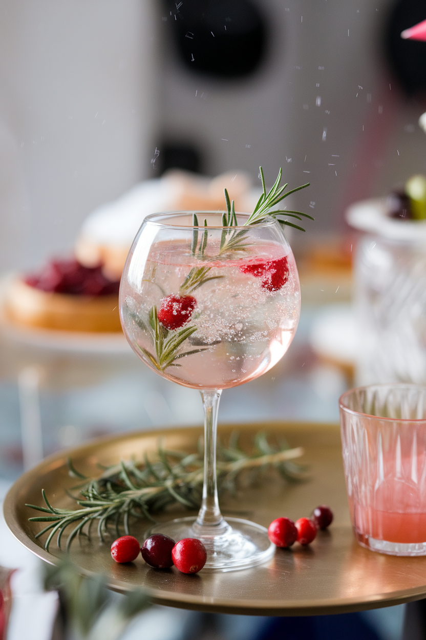Indoor cocktail party tray with a stemmed balloon glass of blush-pink spritz, cranberries and rosemary dancing among bubbles. No text or logos; photograph, not illustration.