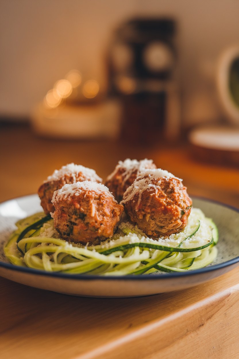 An indoor plate with zucchini noodles topped by baked turkey meatballs sprinkled with grated Parmesan. No text or logos; photo only.