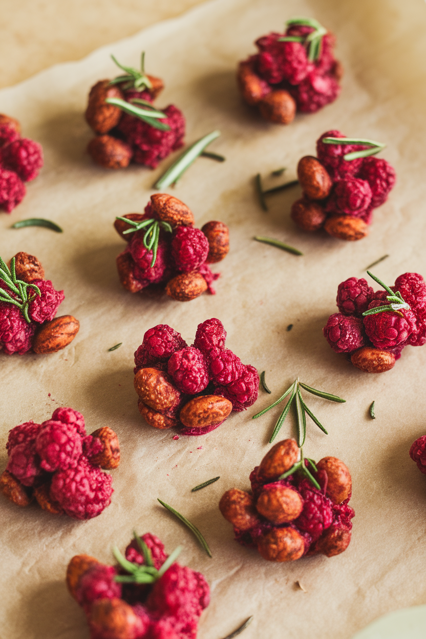 Indoor photo of small clusters of toasted almonds coated in pureed raspberry and speckled with minced rosemary, laid on parchment paper. No text or logos.