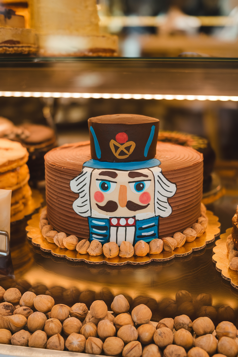 Indoor pastry display of a chocolate layer cake featuring a hand-painted nutcracker face on fondant, surrounded by toasted hazelnuts at the base. Soft golden lighting, no brand names.