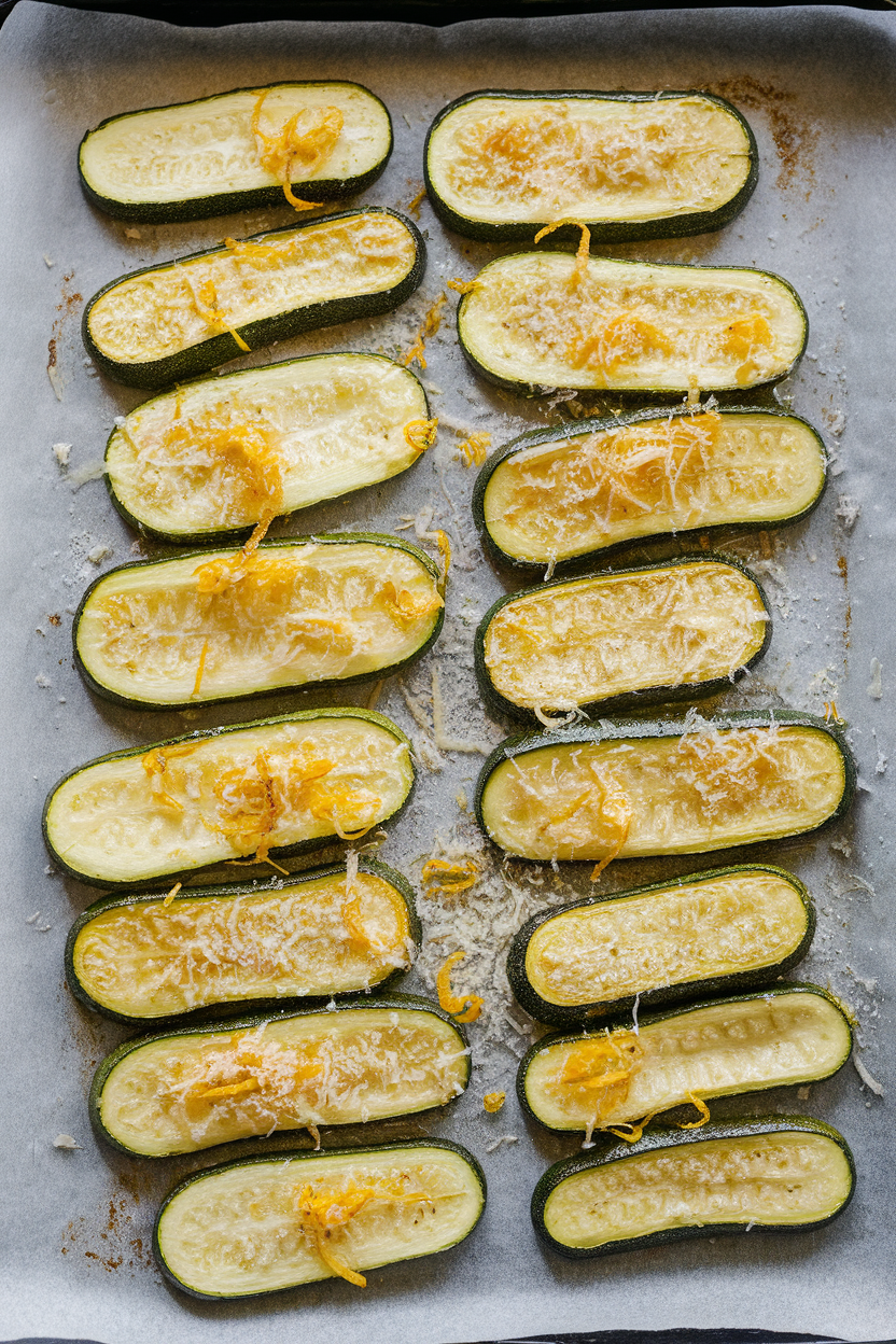 Indoor baking sheet lined with parchment, showing golden baked zucchini sticks sprinkled with grated Parmesan and lemon zest. No text or logos present.