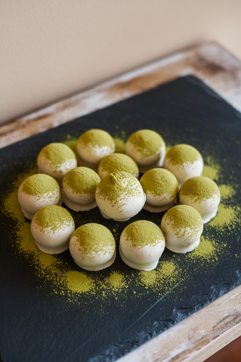 Indoor slate board holding round white chocolate truffles dusted with vibrant green matcha powder; no text or logos