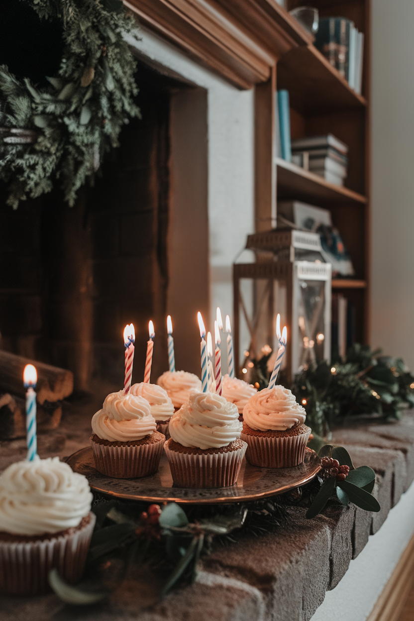 Photo of indoor hearth-side scene with cupcakes featuring upright striped birthday candles lit briefly for photo, frosting piped in low swirls, no text or logos.