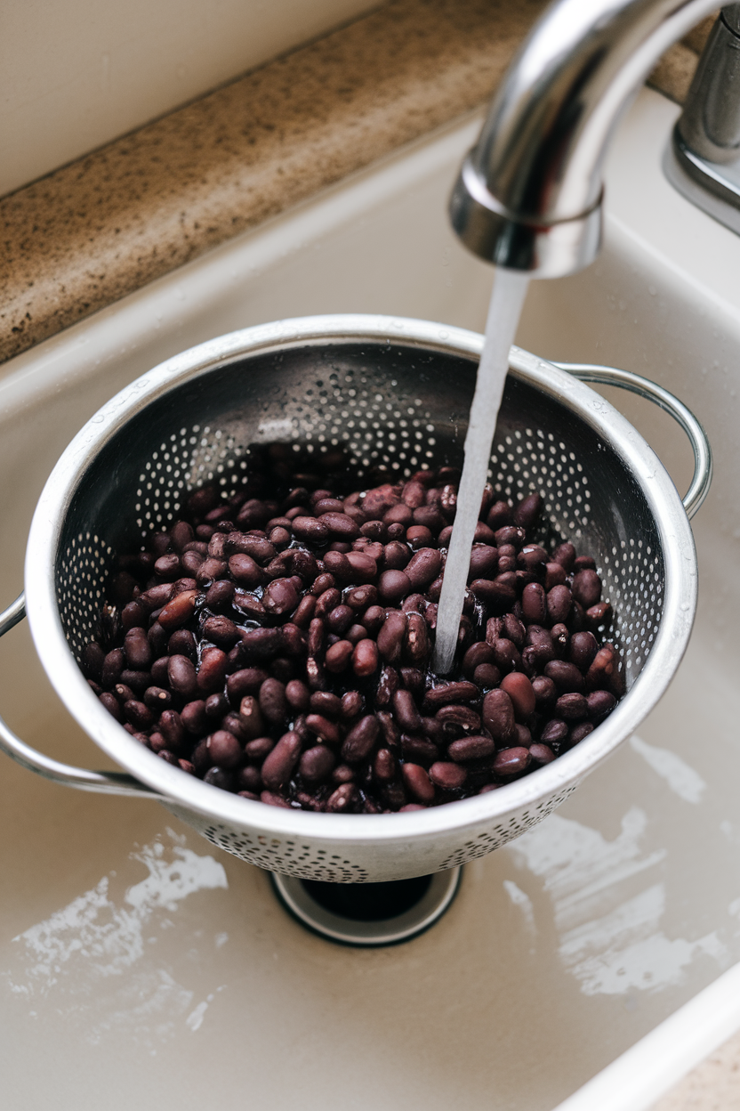 A colander in a sink rinsing black beans under indoor tap water; no text or logos; photo