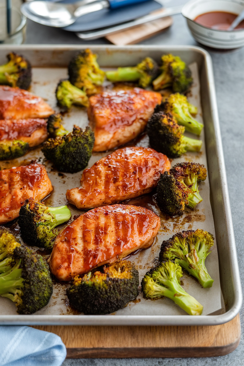 An indoor baking sheet holding glazed chicken breast strips and bright green broccoli florets, both glossy with honey-garlic sauce. No text or logos. Photo.