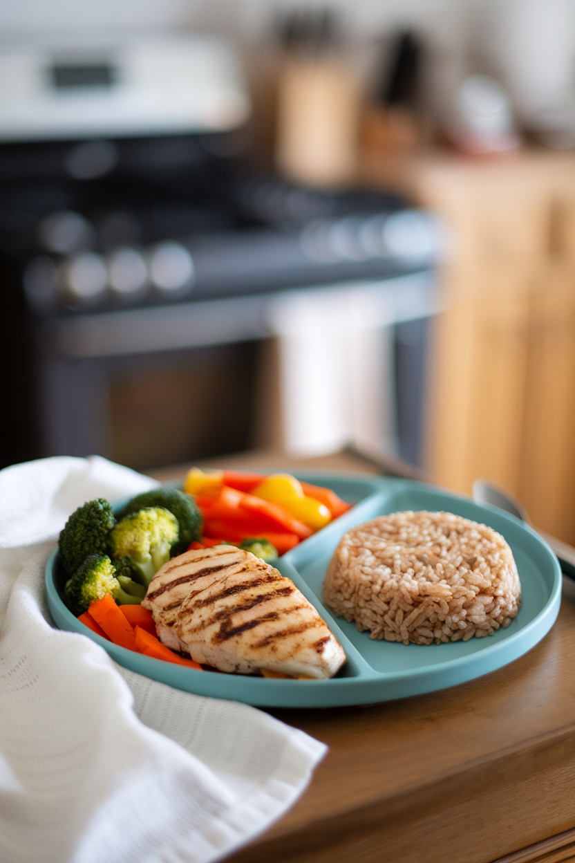Dinner plate divided into measured portions of protein, grains, and veggies on a table, indoor photo, no text or logos