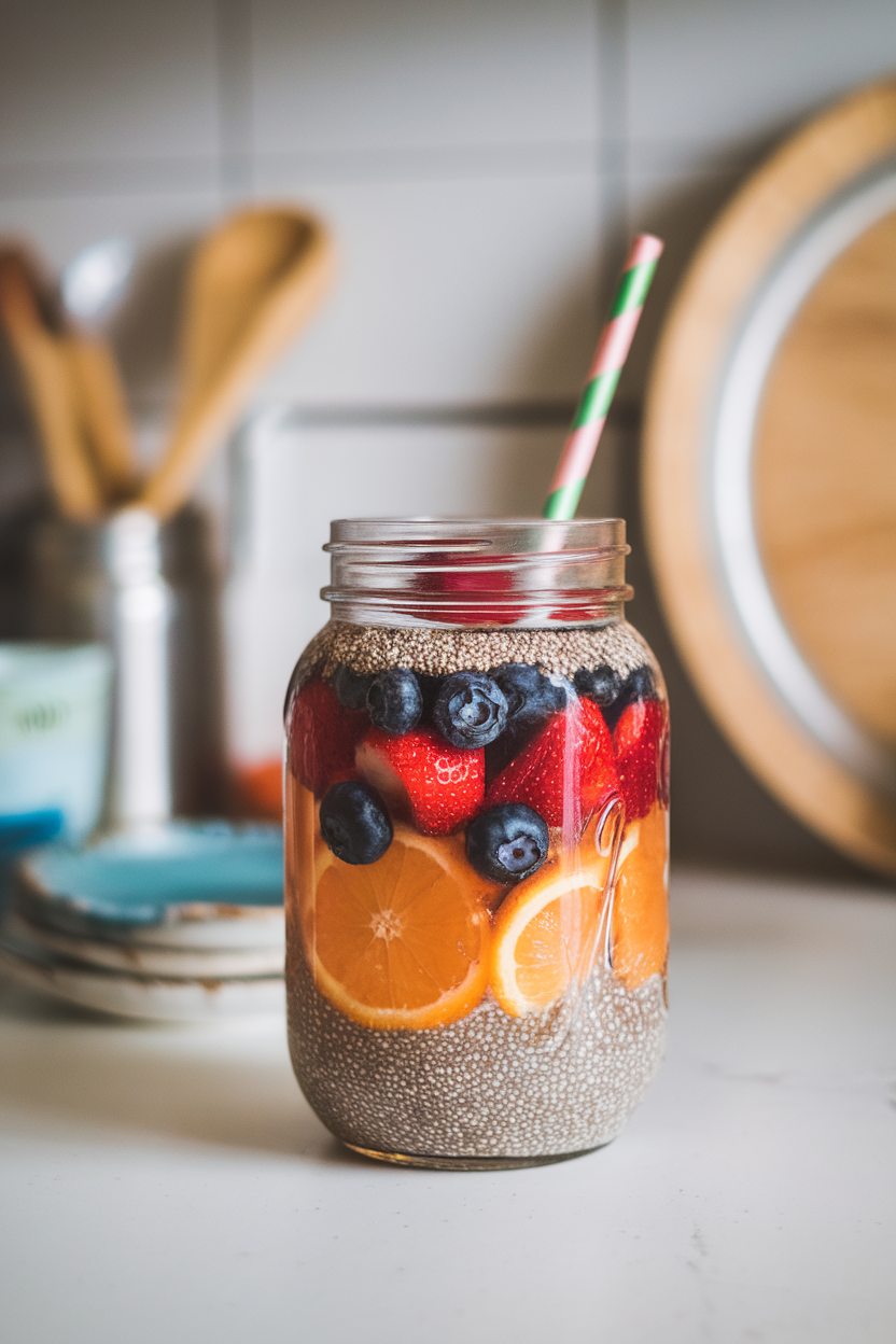 Indoor photo of a mason jar of fruity chia water with a colorful straw on a kitchen counter, no text or logos